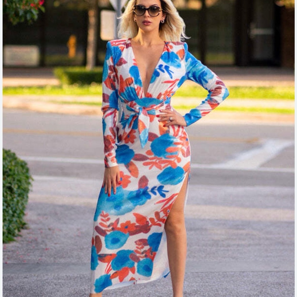 LBD Deep V Sequined Floral Long Sleeve Maxi Dress